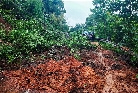 A pile of mud is seen on a road after a landslide, in Goa. A landslide occurred near Dudhsagar Temple at Anmod Ghat, located on the southern boundary of Goa, in the wee hours of Thursday following incessant rains, disrupting vehicular traffic movement from the state to neighbouring Karnataka, police said